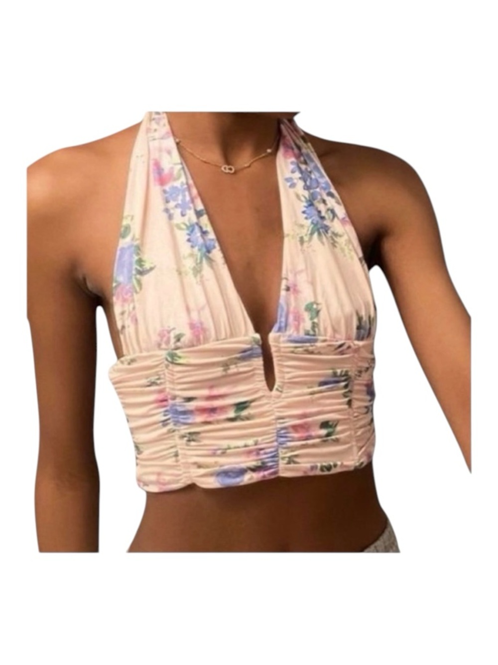 ZARA Halter Neck Crop Top, Pink Floral, Size XL.